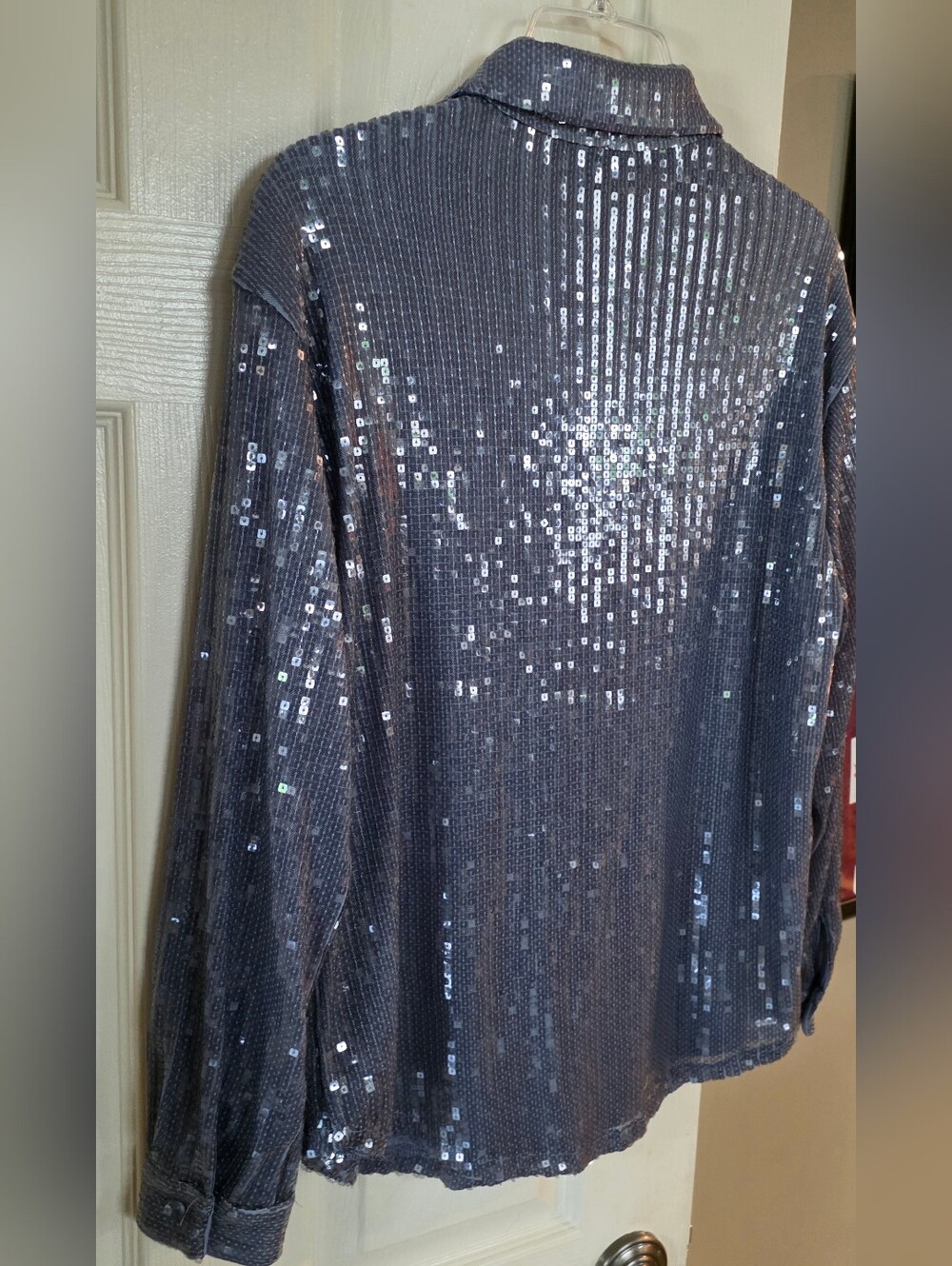 NWT Rachel Zoe Silver Blue Gray Sequin Button Shirt Jacket Medium - Picture 6 of 14